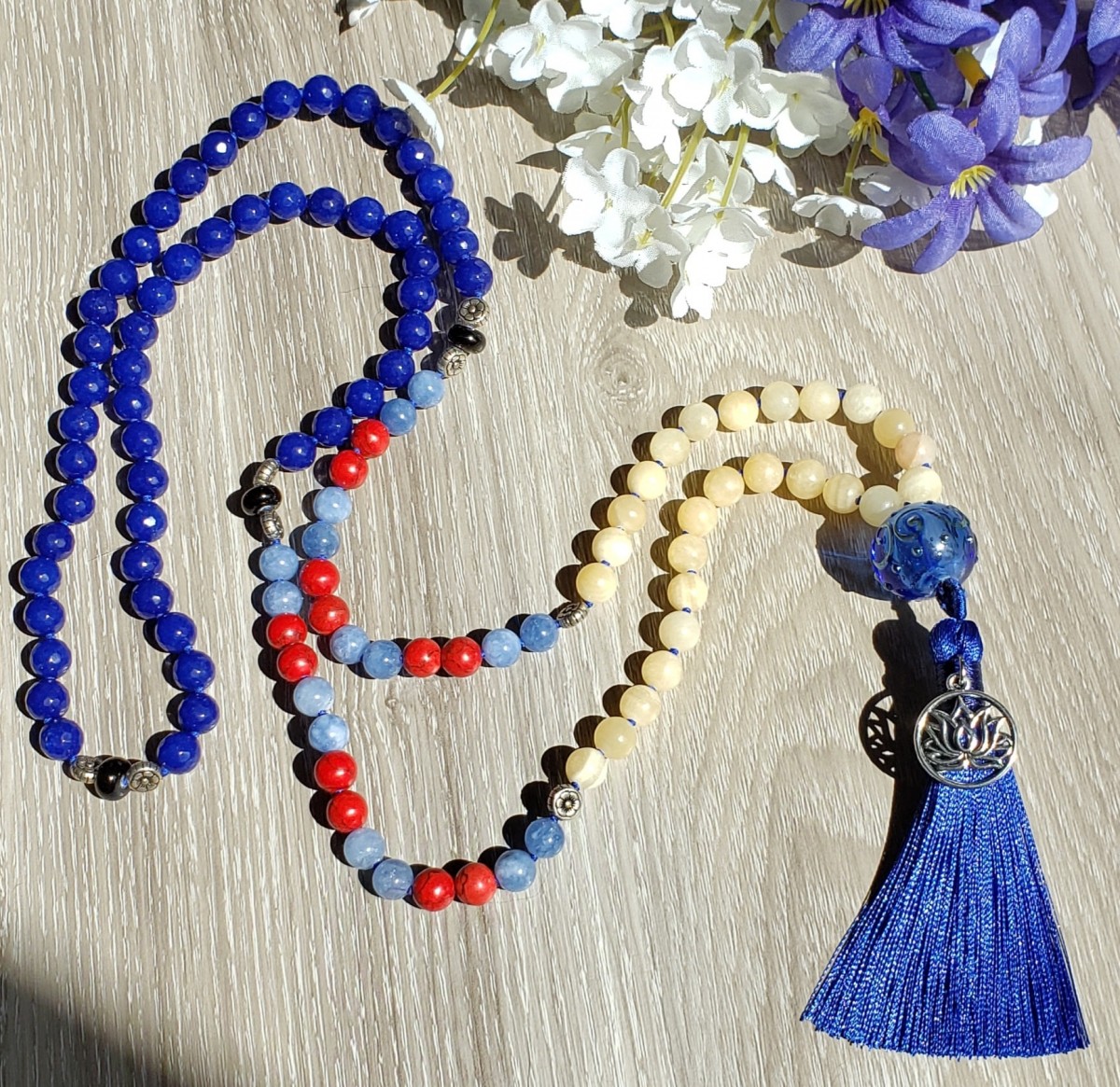 Gold 3 Layer Blue White Bead Necklace Set